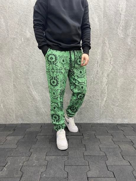 Beli Lastikli Aztek Desenli Pamuklu Kışlık Yeşil Kaşe Pantolon