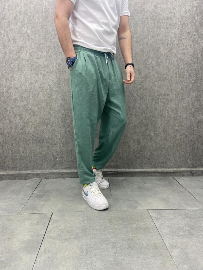 Rahat Kalıp  Beli Lastikli Bilek Paça Pamuk Viscon Yeşil Pantolon