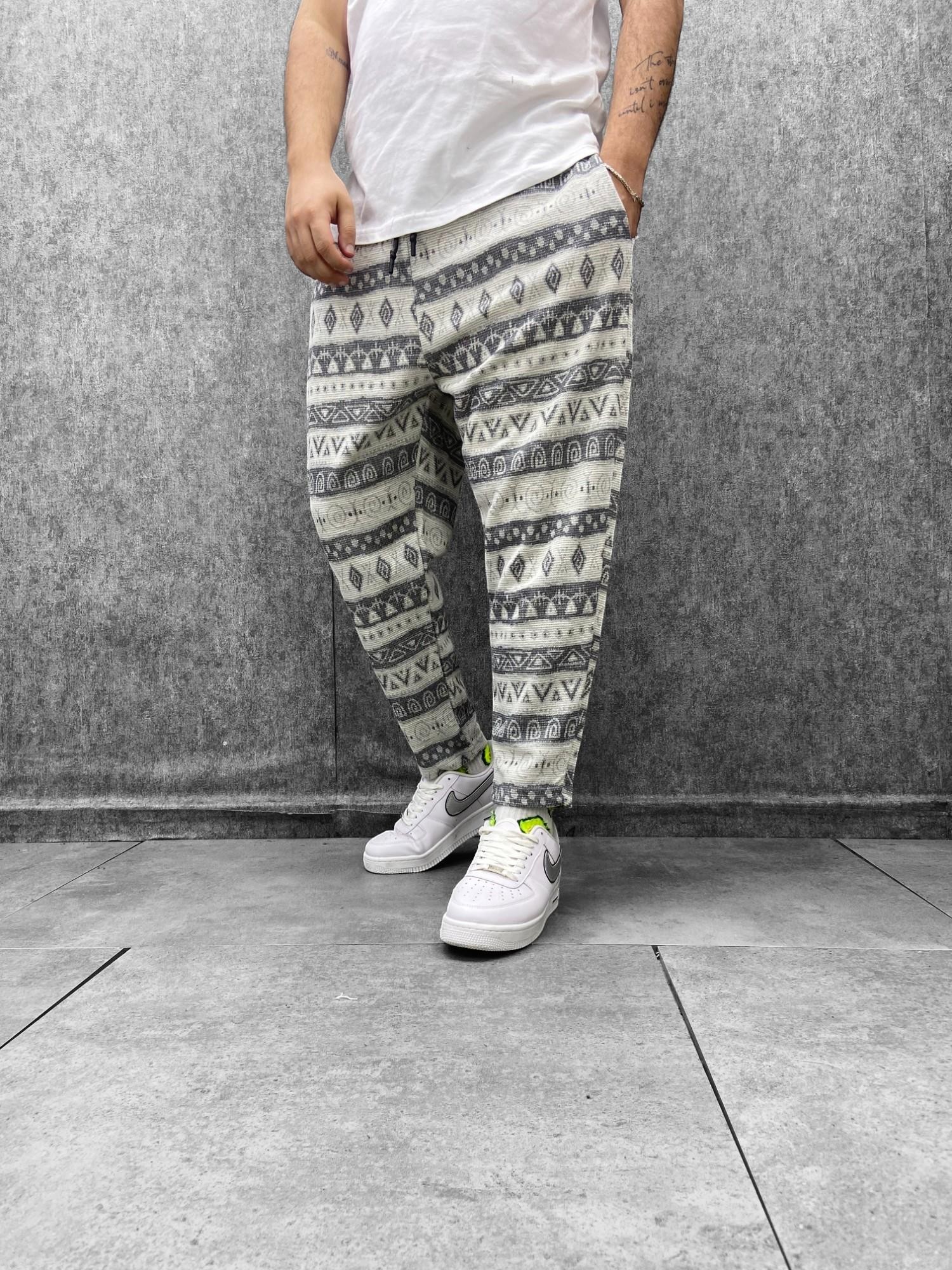 Beli Lastikli Aztek Desenli Baggy Pantolon