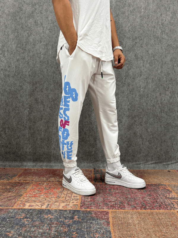 Beli Lastikli Baskılı Beyaz Jogger