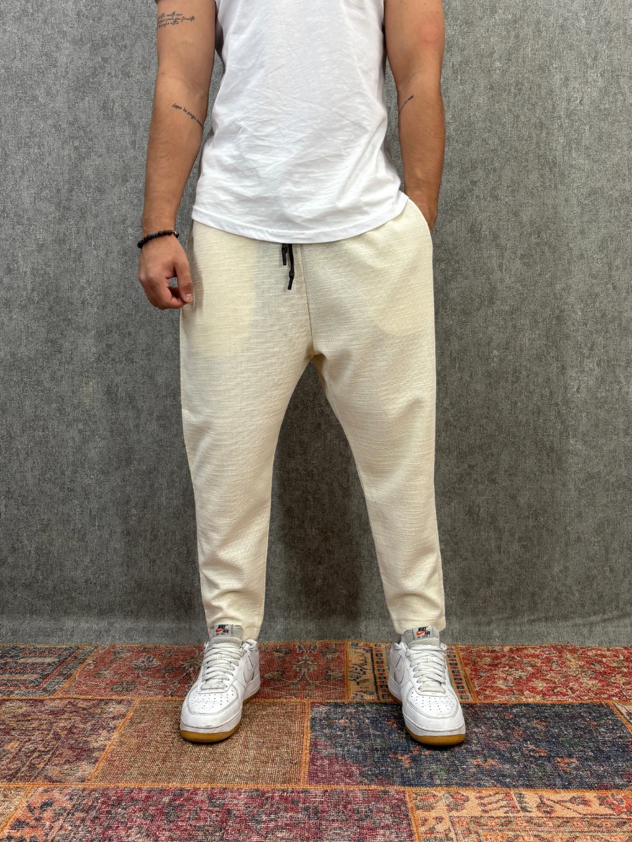 Beli Lastikli Likralı Krem Baggy Pantolon