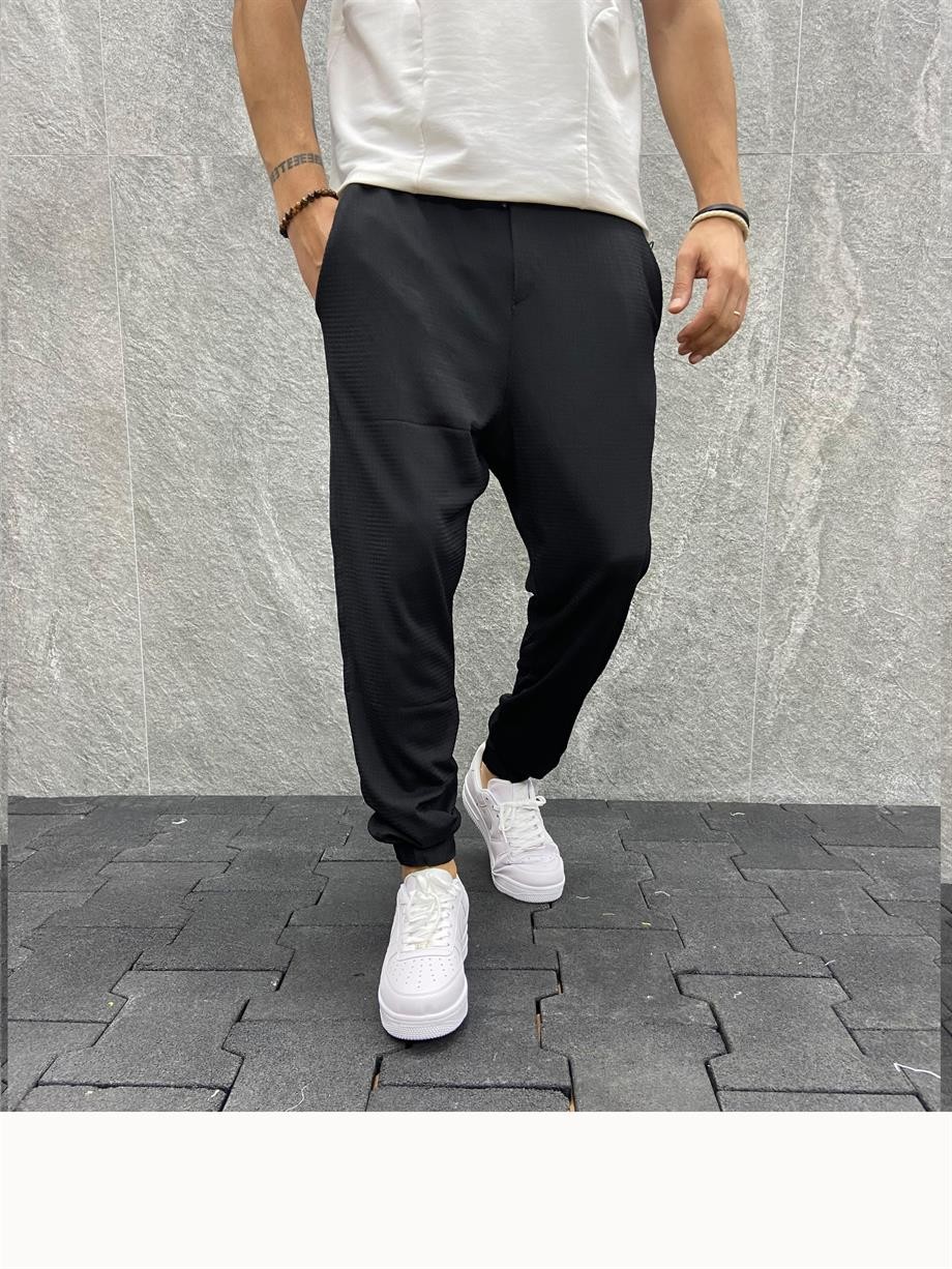 Bürümcük Kumaş Beli Lastikli  Siyah Jogger