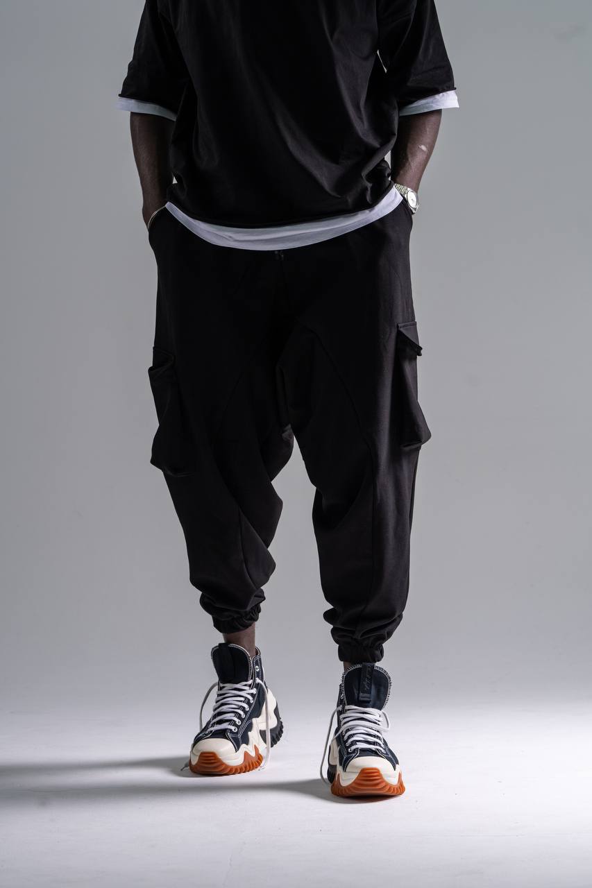 Beli Lastikli Kargo Cepli Siyah Şalvar