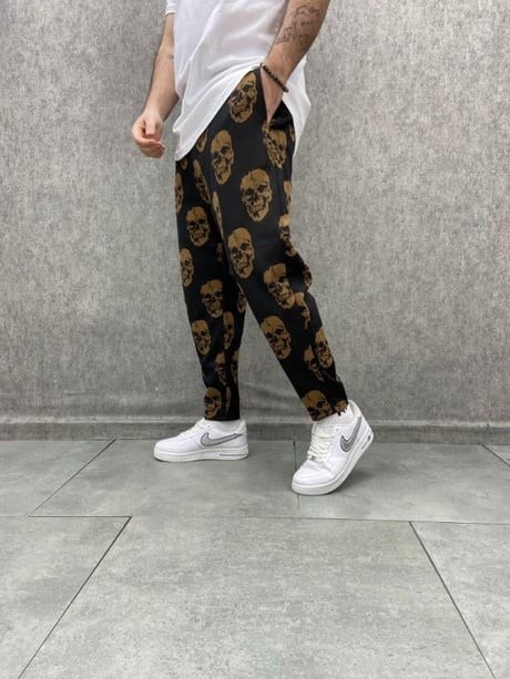 Beli Lastikli Skull Desenli Siyah Baggy Pantolon