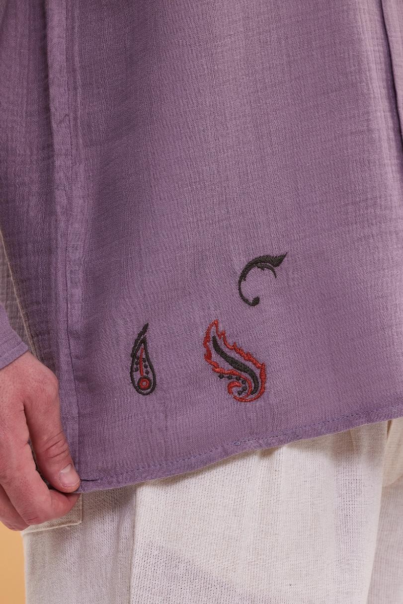 Oversize Nakış Detaylı Hasır Cepli Pamuk Keten Füme  Gömlek