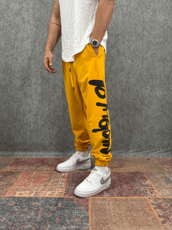 Beli Lastikli Baskılı Sarı Jogger