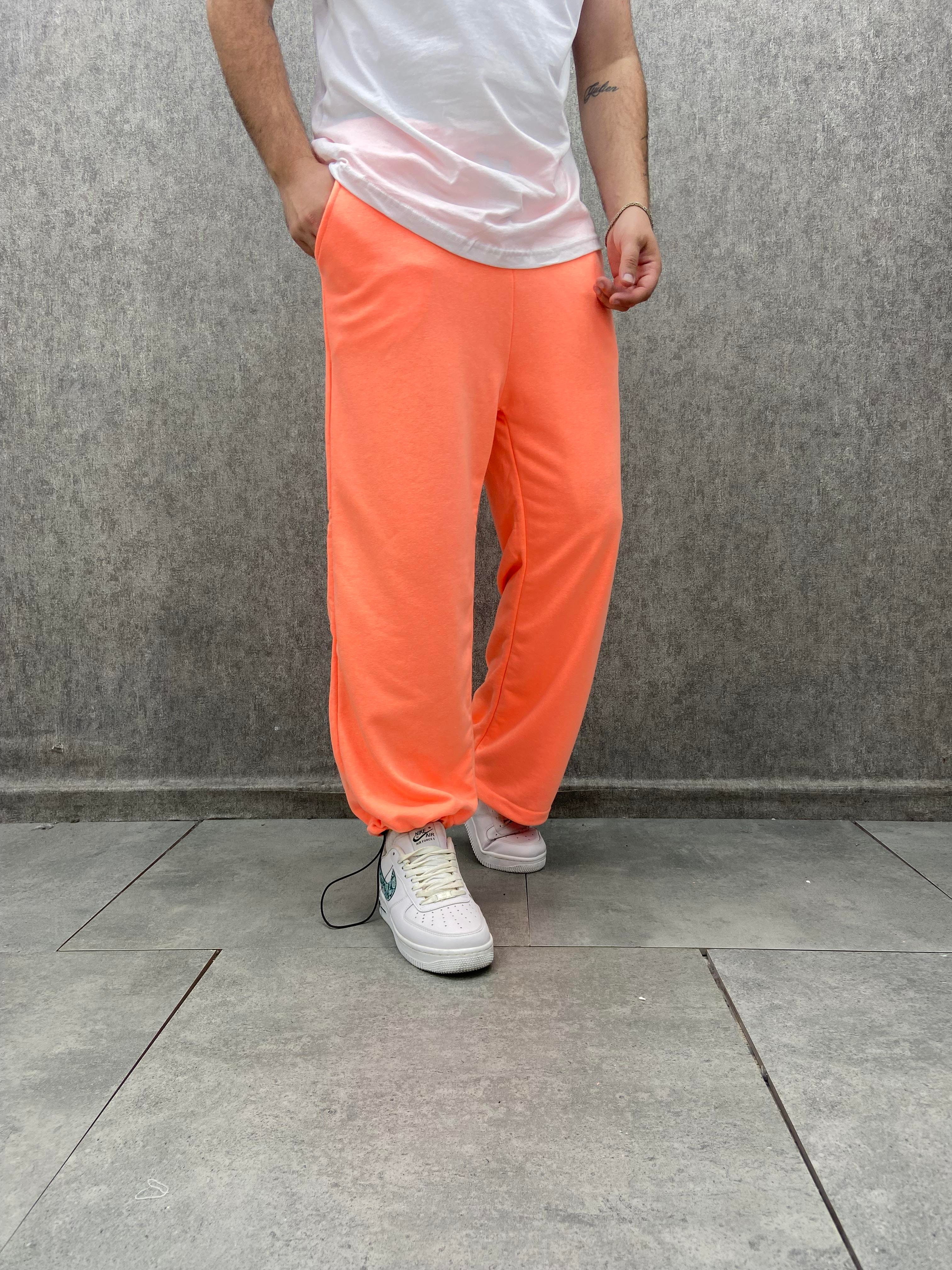 Beli Lastikli Paça Stoperli  Pamuklu Turuncu Baggy Pantolon
