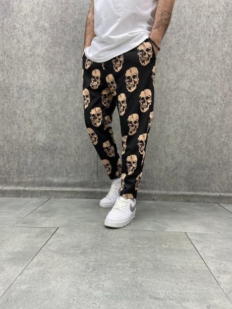 Beli Lastikli Skull Desenli Siyah Baggy Pantolon
