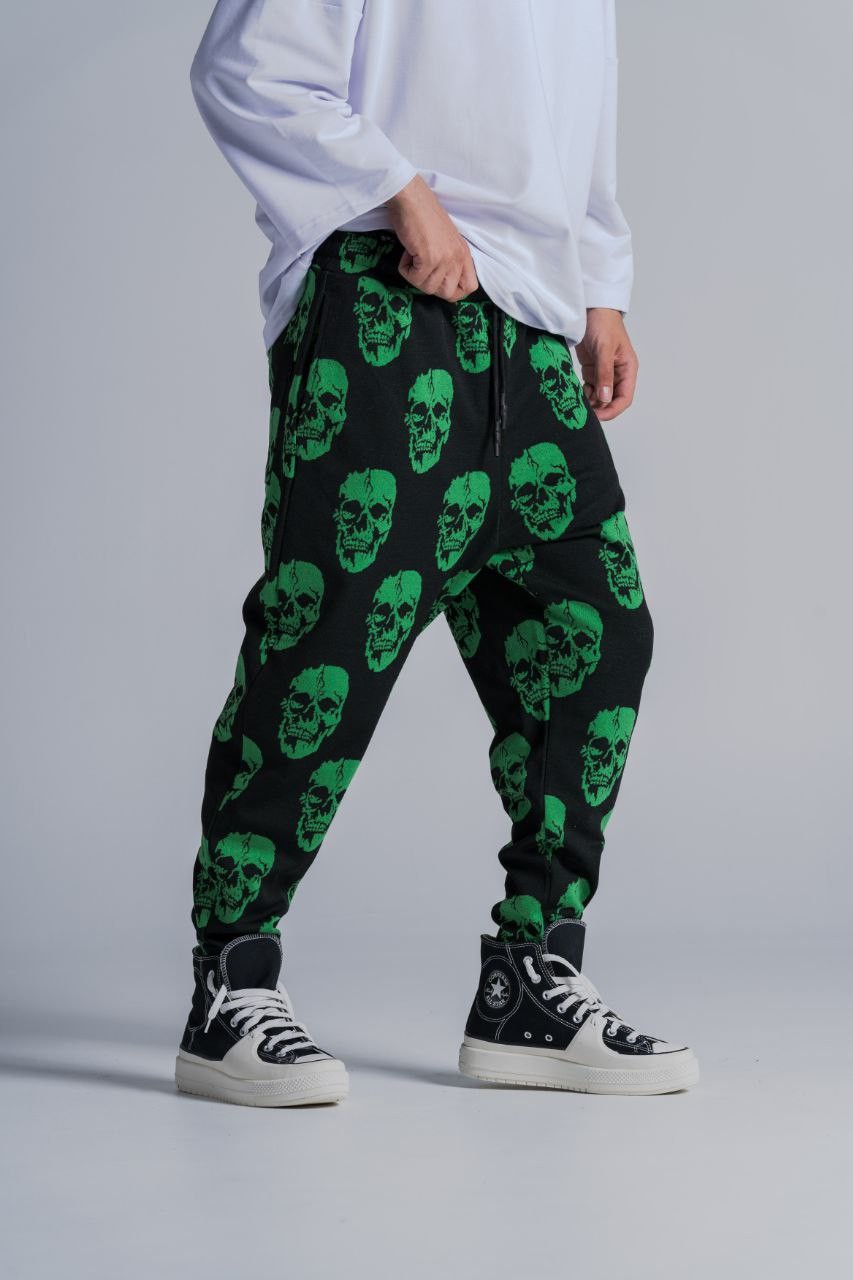 Beli Lastikli Skull Desenli Baggy Pantolon