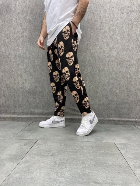 Beli Lastikli Skull Desenli Siyah Baggy Pantolon