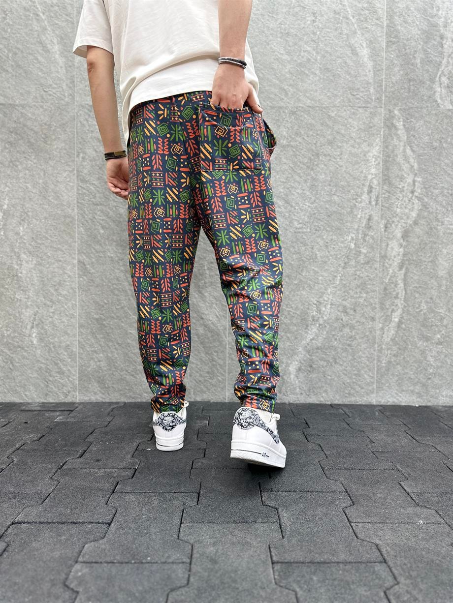Beli Lastikli Aztek Desenli  Baggy Pantolon