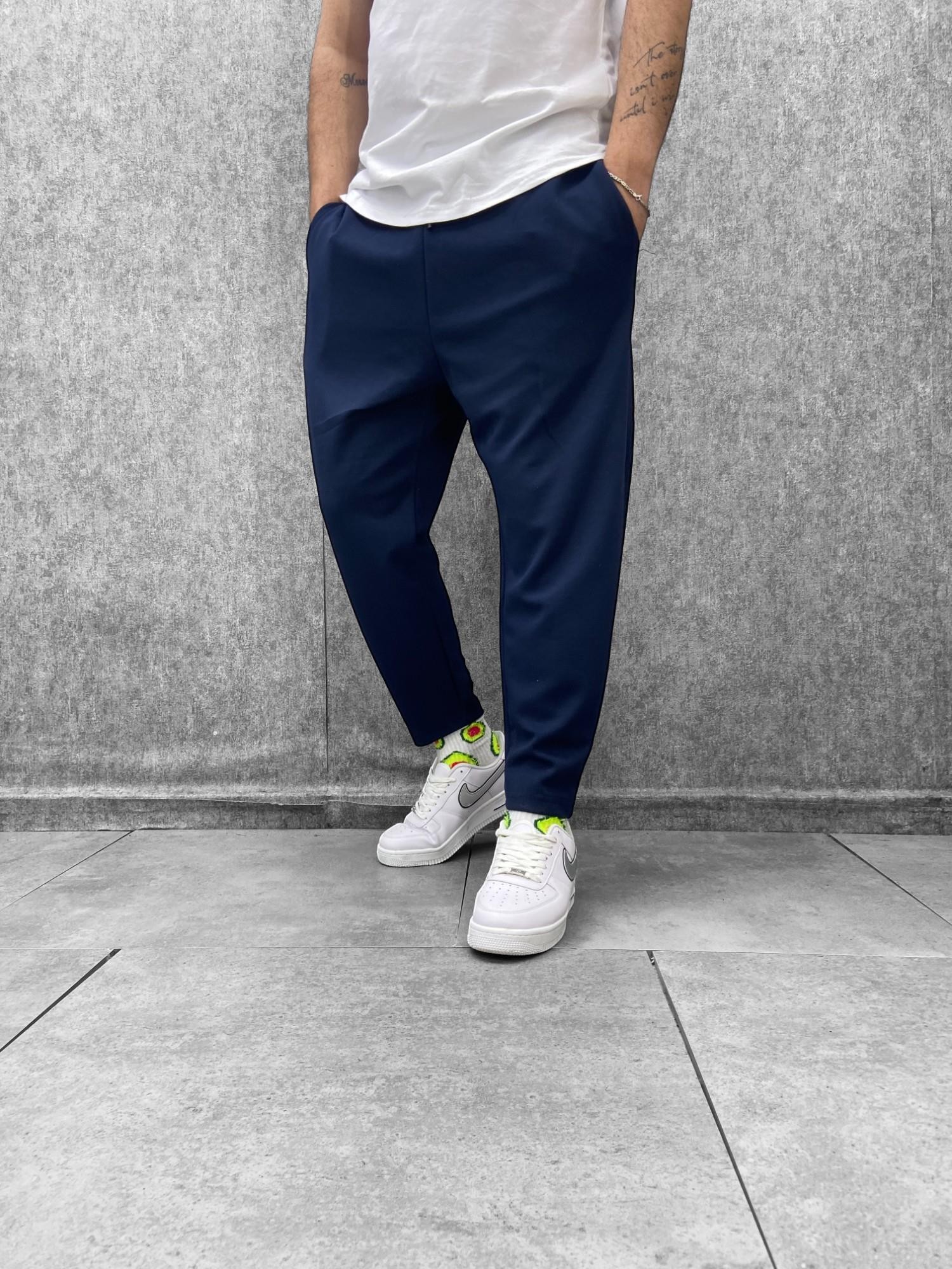 Beli Lastikli Düz Paça Lacivert  Baggy Pantolon