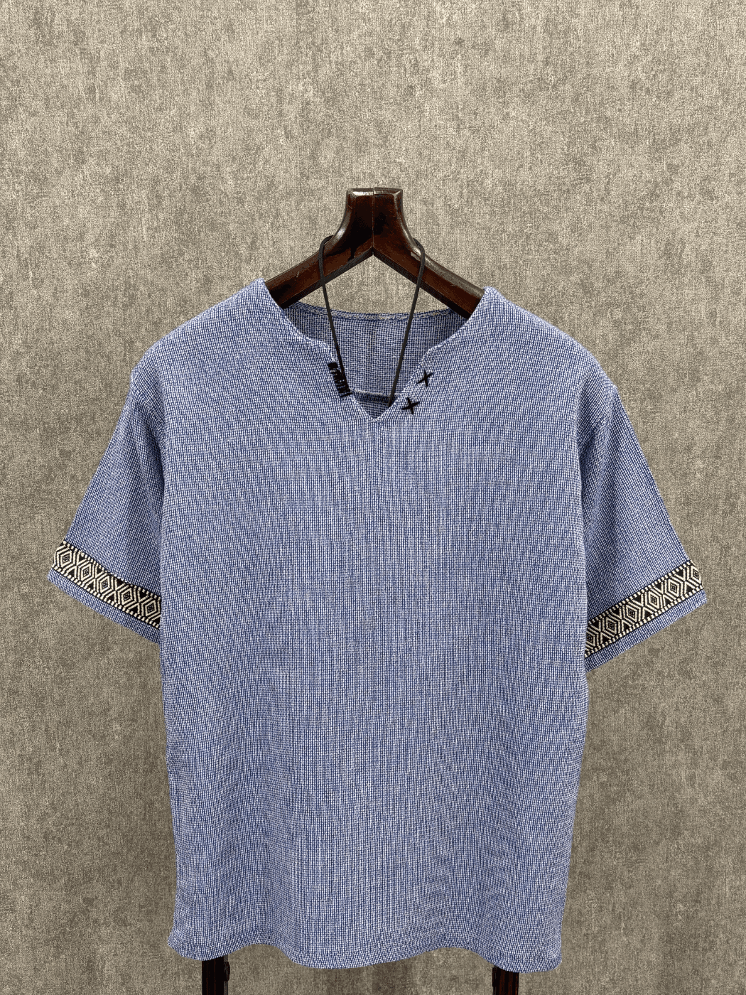 Oversize El İşi Detaylı Pamuk Keten Mavi  Tshirt