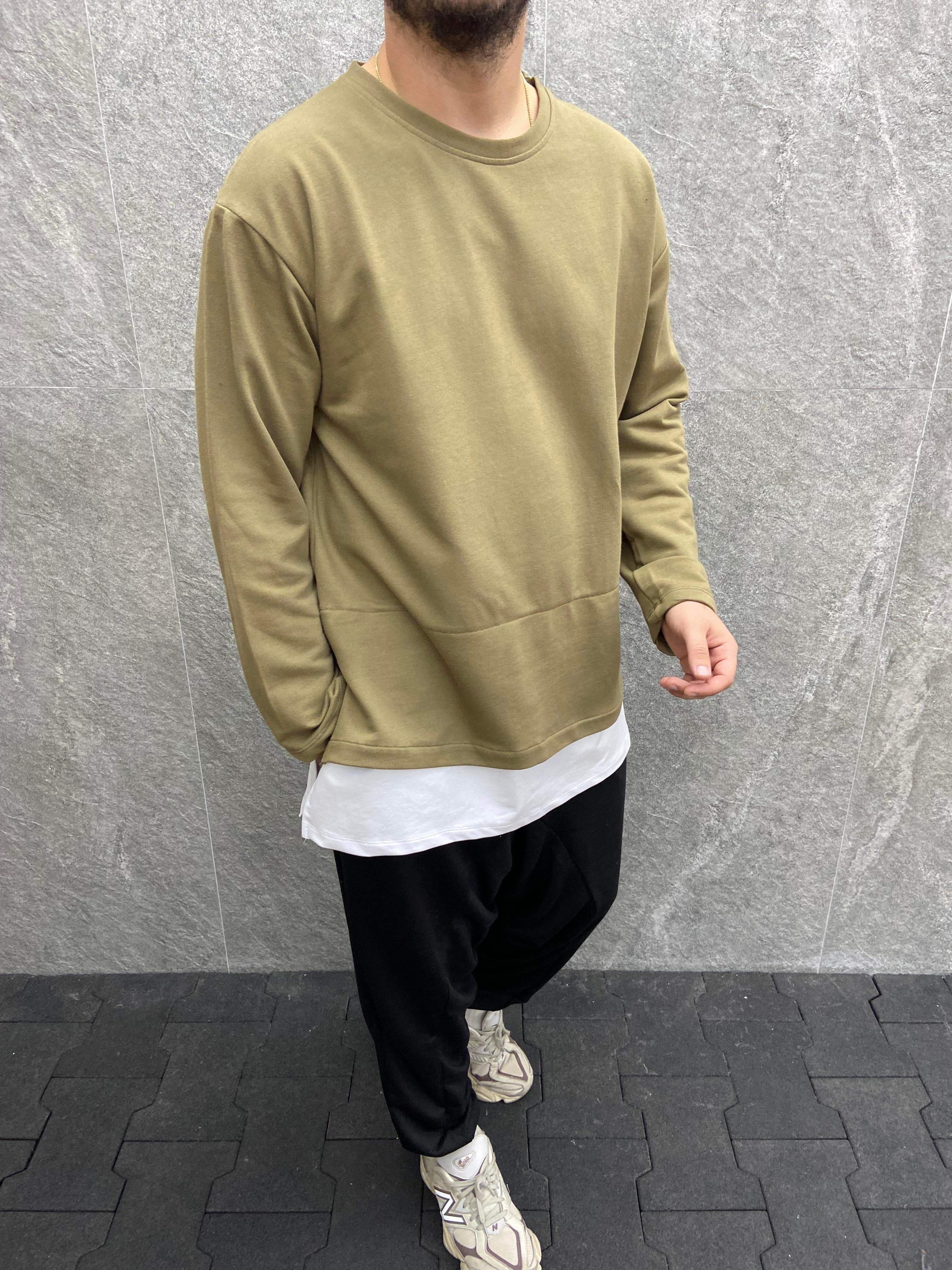 Oversize Beyaz Garnili Pamuklu  Haki Sweatshirt