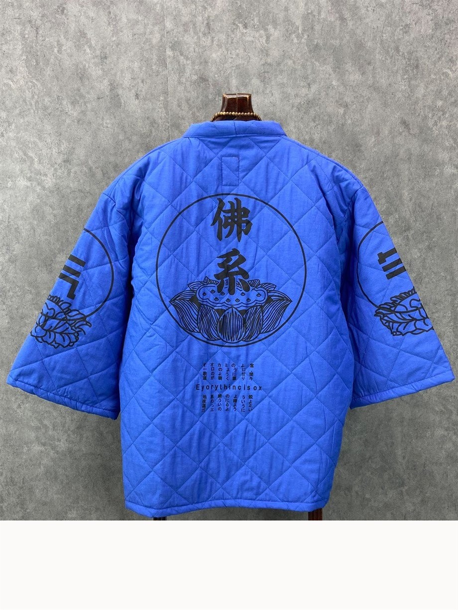 Oversize Fakir Kol Astarlı Kapitone Mavi Kimono
