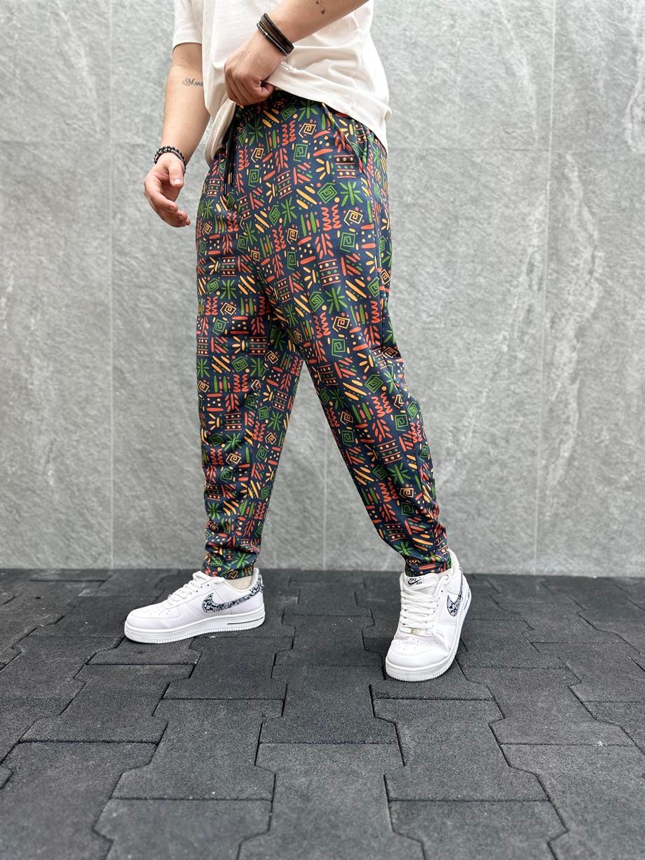 Beli Lastikli Aztek Desenli  Baggy Pantolon