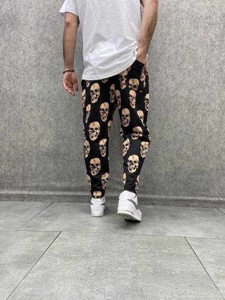 Beli Lastikli Skull Desenli Siyah Baggy Pantolon