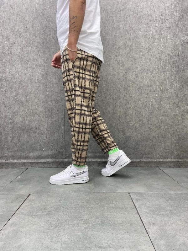 Beli Lastikli Düz Paça Ekoseli Baggy Pantolon
