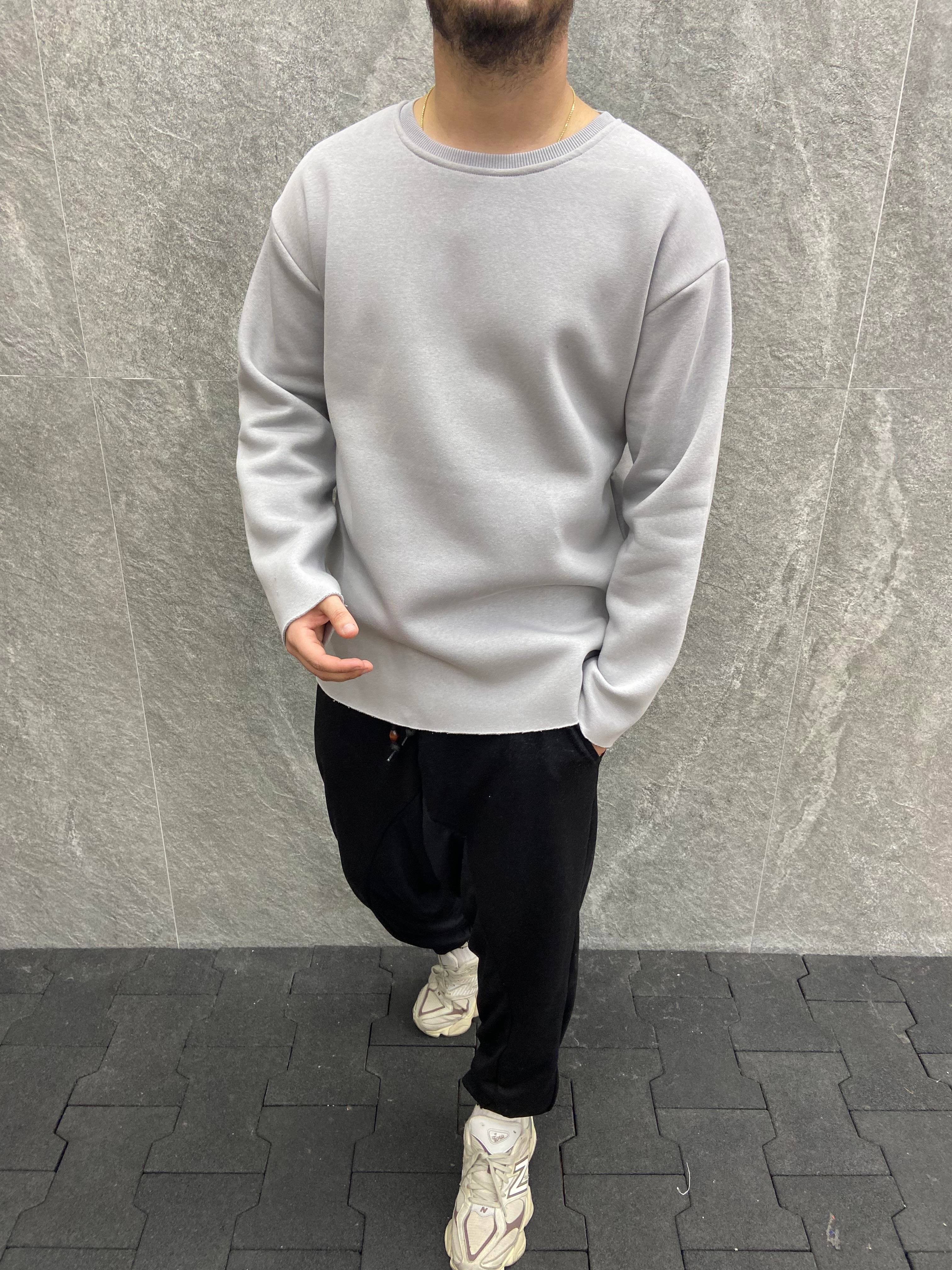 Oversize Pamuk Şardonlu Lazer Kesim Gri Sweatshirt