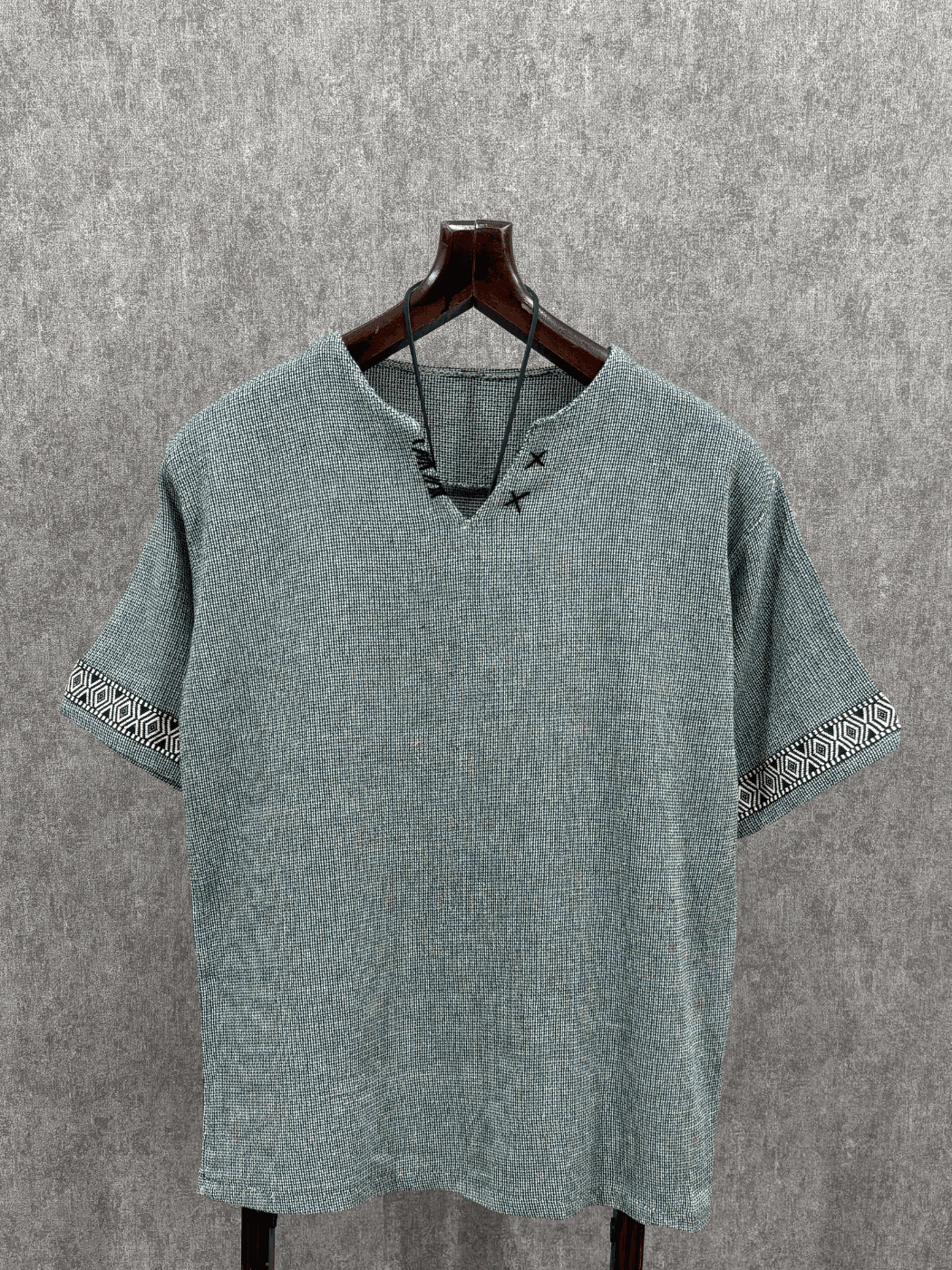 Oversize El İşi Detaylı Pamuk Keten Yeşil Tshirt