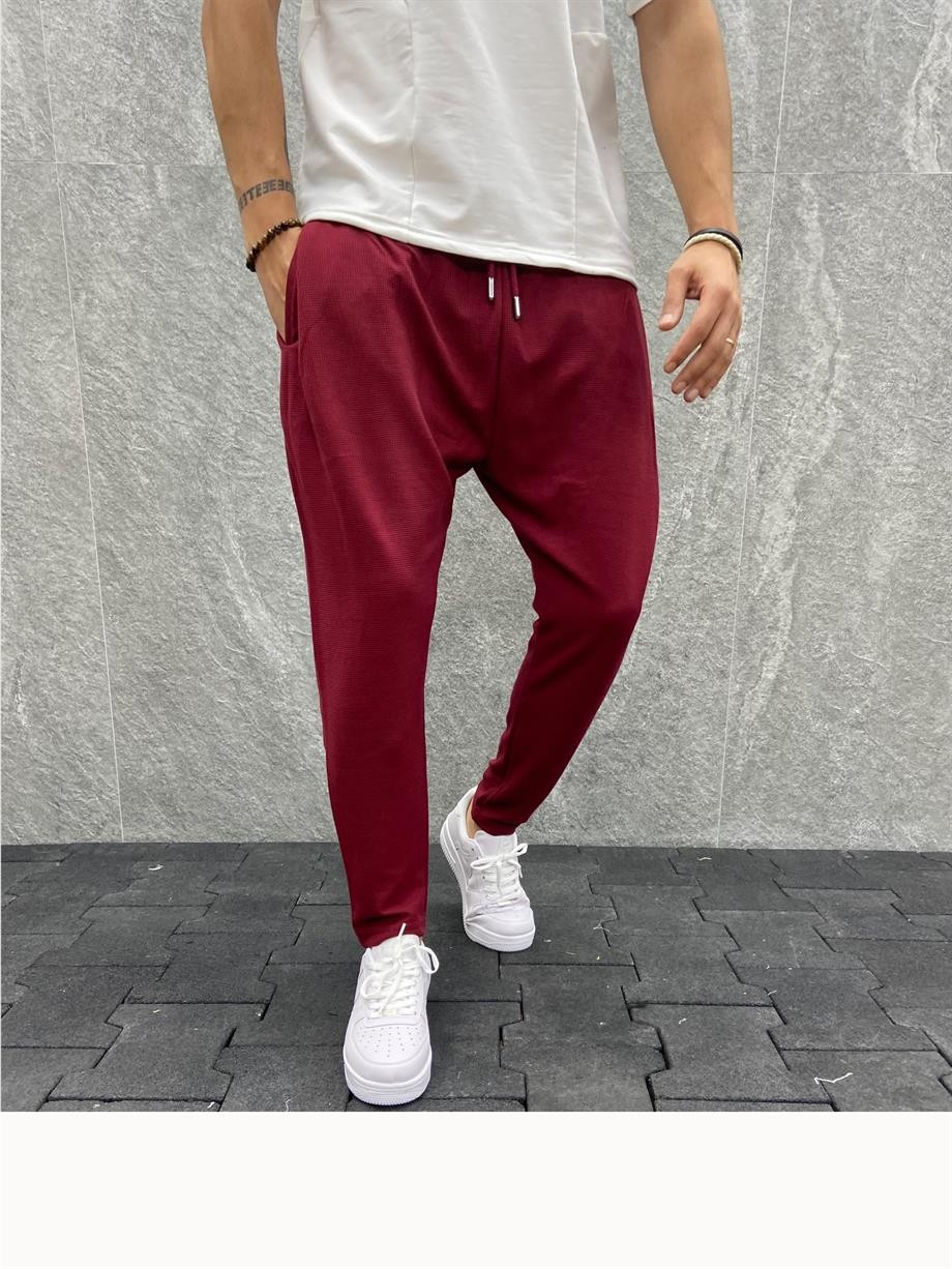 Havuç Kalıp Beli Lastikli Pileli Pamuk Örme Bordo Pantolon