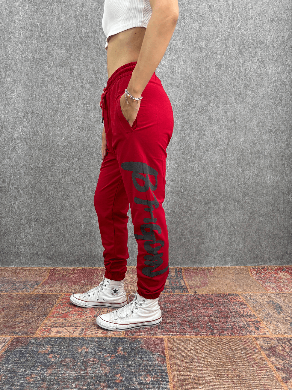Bel ve Paça Lastikli Baskılı Kırmızı Jogger 