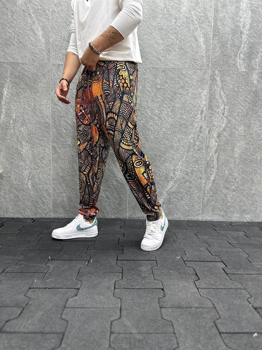 Beli Lastikli Aztek Desenli  Baggy Pantolon
