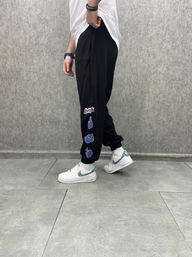 Rahat Kalıp Baskılı Pamuk Örme Siyah  Jogger