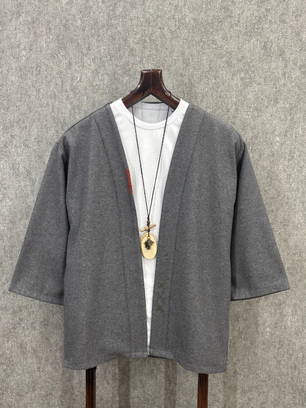 Oversize Fakir Kol Pamuklu El İşi Detaylı Füme Kimono