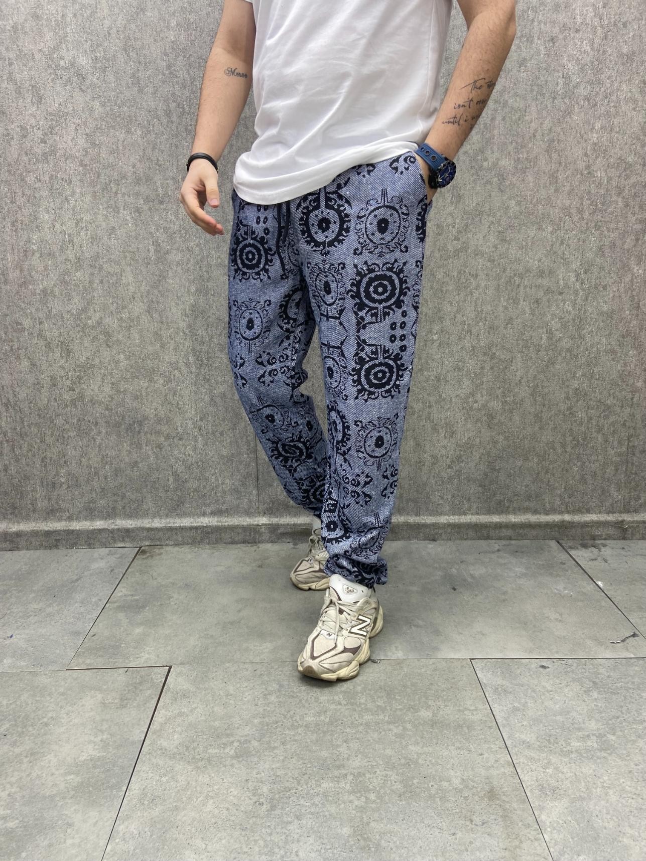 Beli Lastikli Aztek Desenli Pamuklu Kışlık Mavi Kaşe Pantolon