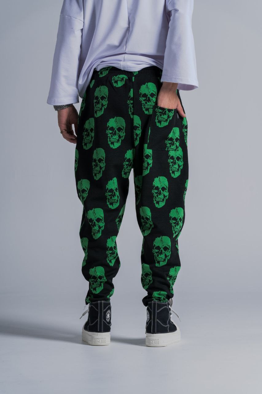 Beli Lastikli Skull Desenli Baggy Pantolon