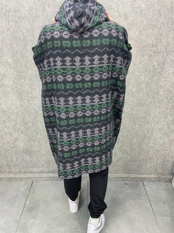 Oversize Kapüşonlu Kanguru Cepli Pamuklu Etnik Panço