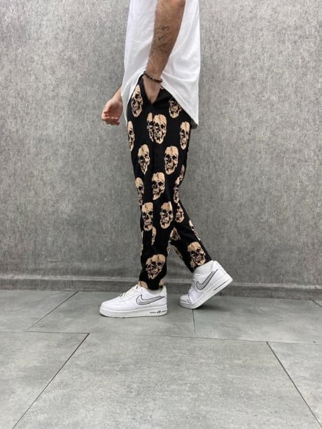 Beli Lastikli Skull Desenli Siyah Baggy Pantolon