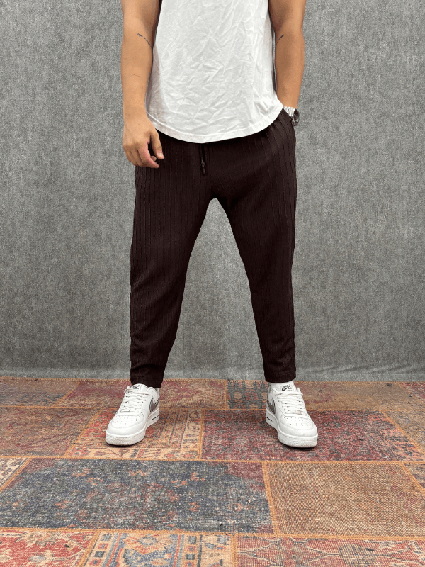 Beli Lastikli Bürümcük Kumaş Kahverengi  Baggy Pantolon
