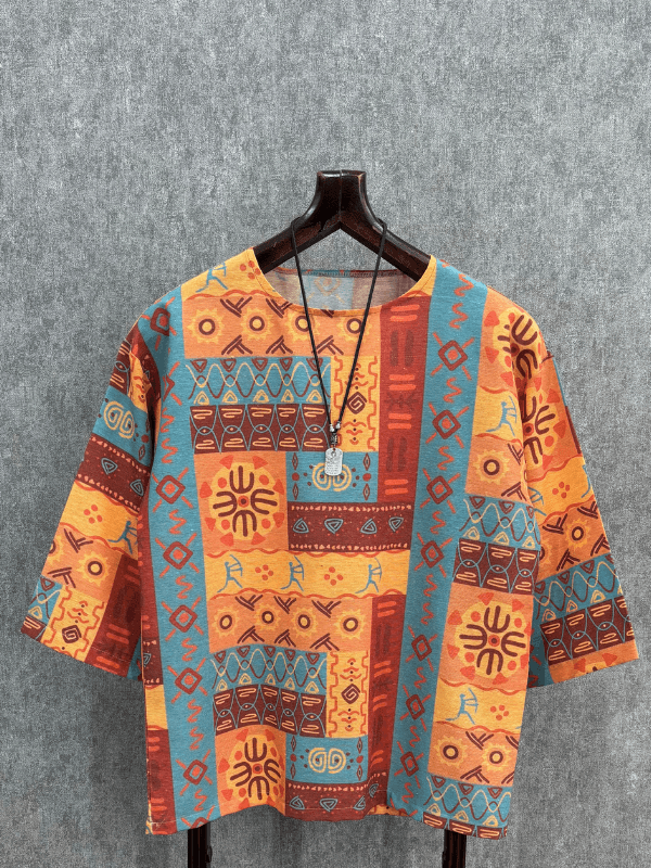 Oversize Desenli Pamuk Keten Bohem Tshirt