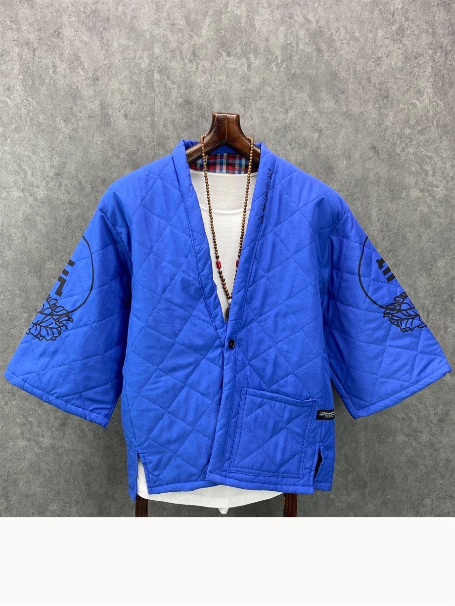 Oversize Fakir Kol Astarlı Kapitone Mavi Kimono