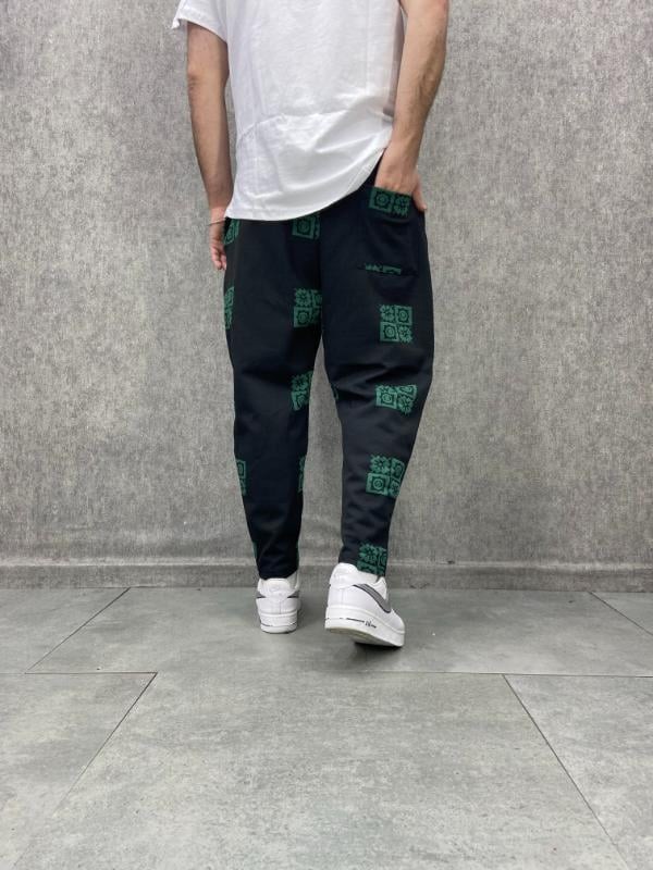Beli Lastikli Desenli  Siyah Baggy Pantolon