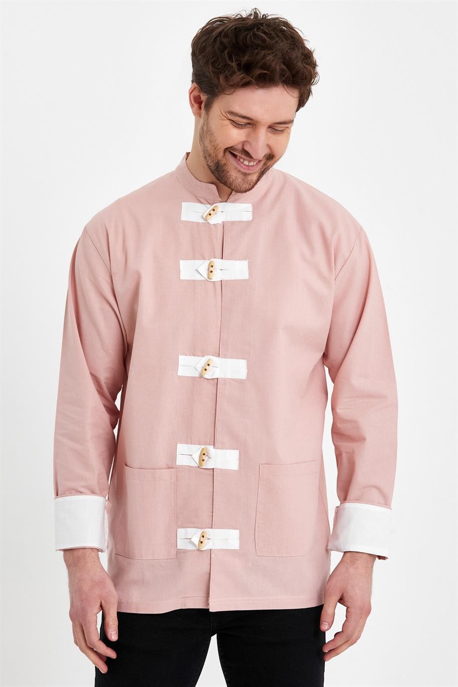 Oversize Hakim Yaka Tokyo Pamuk Keten Pembe Gömlek