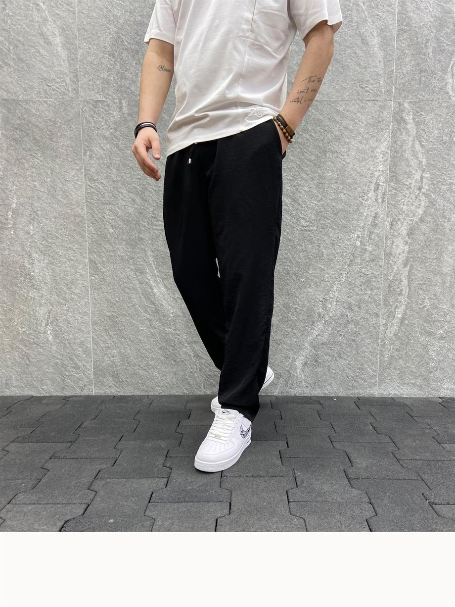 Rahat Kalıp Beli Lastikli Baggy Paraşüt Siyah Pantolon