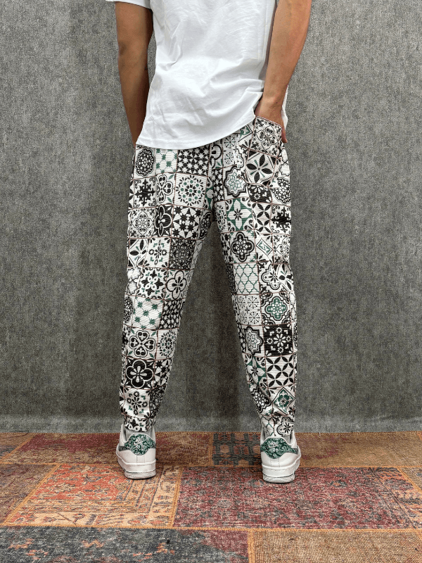 Beli Lastikli Desenli Baggy Pantolon