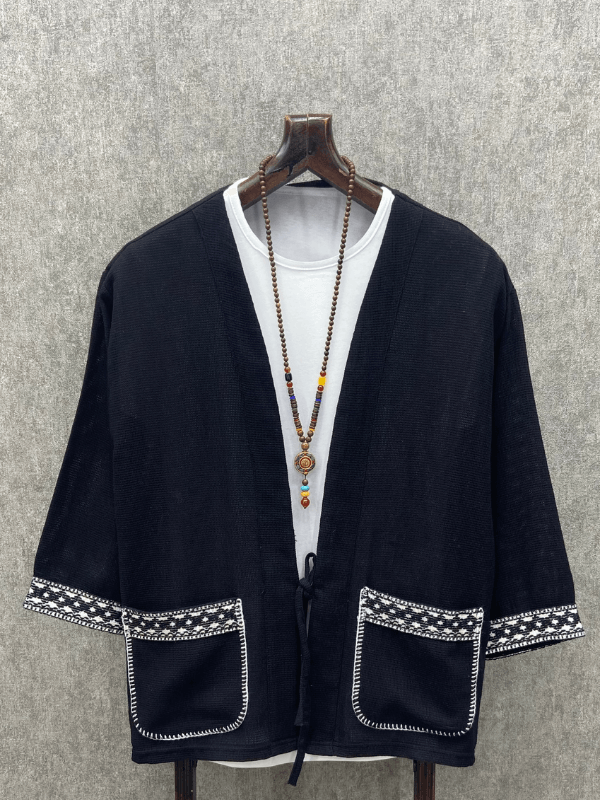 Oversize Bohem Kroşatalı Yıkamalı Pamuk Keten Siyah Kimono