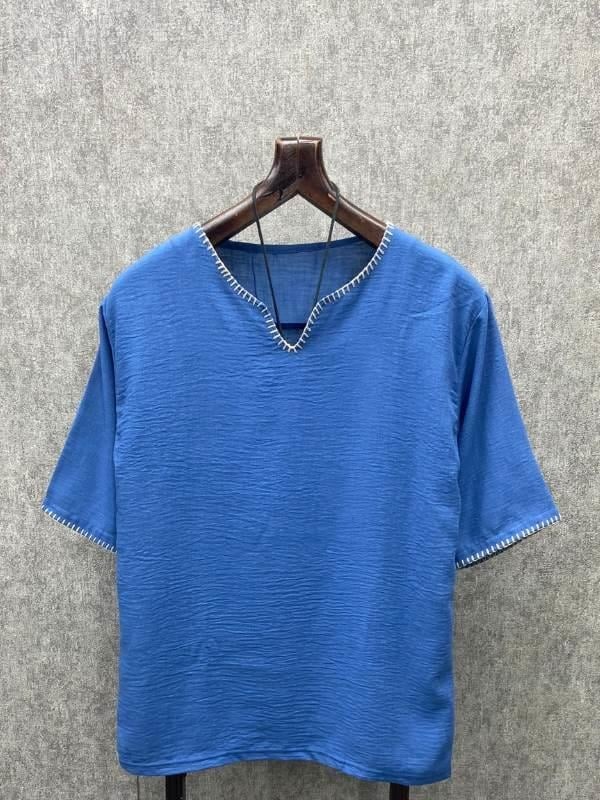 Oversize Bohem Kroşatalı İndigo Pamuk Keten Tshirt