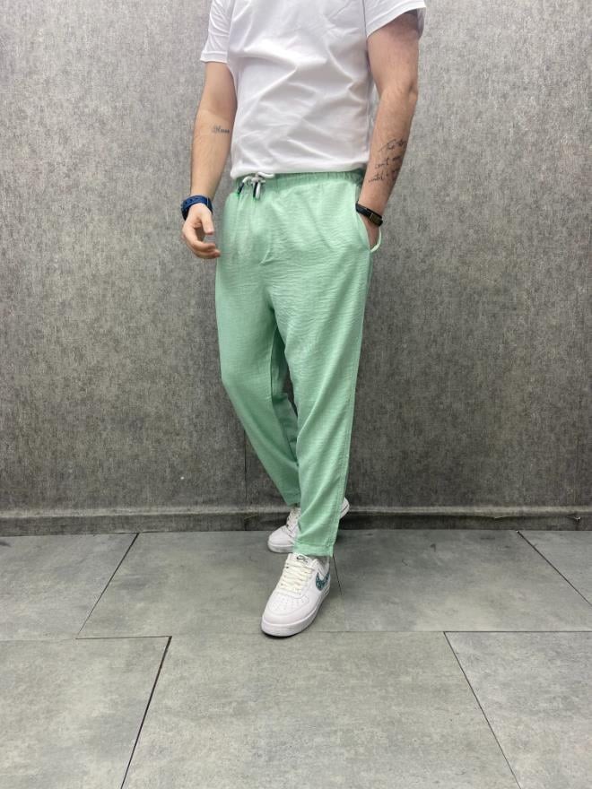 Rahat Kalıp  Beli Lastikli Bilek Paça Pamuk Viscon Mint  Pantolon