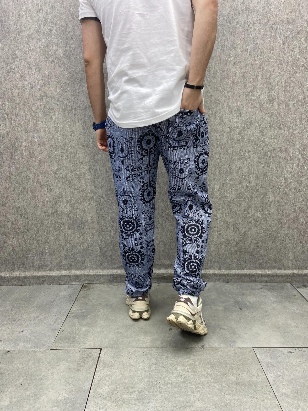 Beli Lastikli Aztek Desenli Pamuklu Kışlık Mavi Kaşe Pantolon