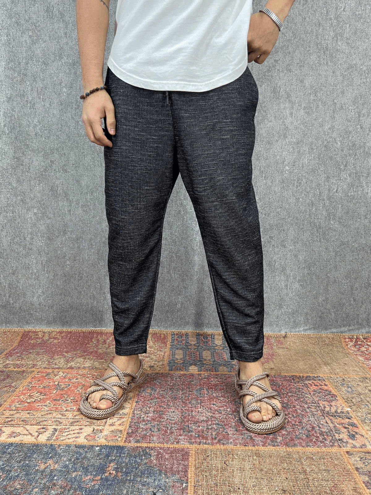 Beli Lastikli Pamuk Keten Siyah Baggy Pantolon