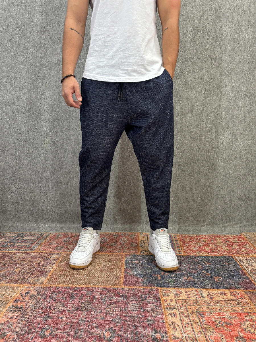 Beli Lastikli Likralı Lacivert Baggy Pantolon