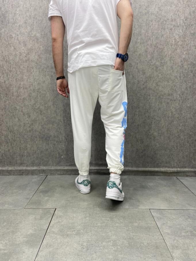 Rahat Kalıp Baskılı Pamuk Örme Beyaz  Jogger