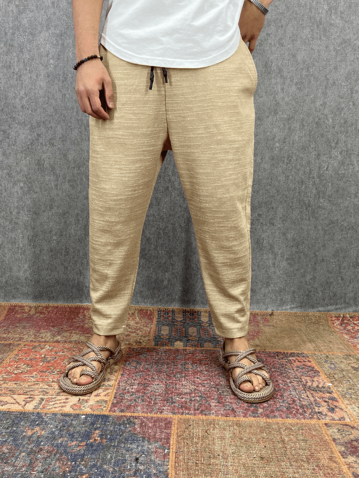 Beli Lastikli Pamuk Keten Bej Baggy Pantolon