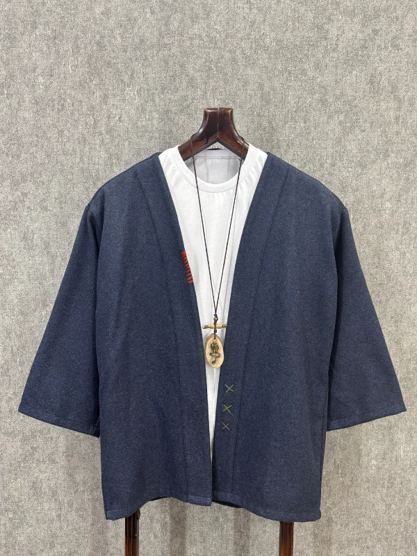 Oversize Fakir Kol Pamuklu El İşi Detaylı İndigo Kimono