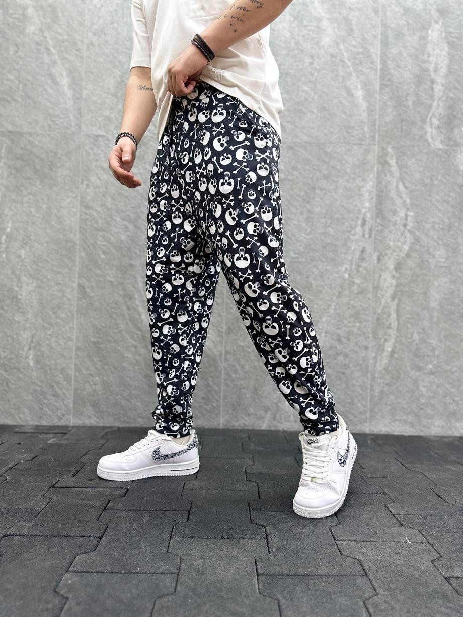 Beli Lastikli Skull Desenli Siyah  Baggy Pantolon